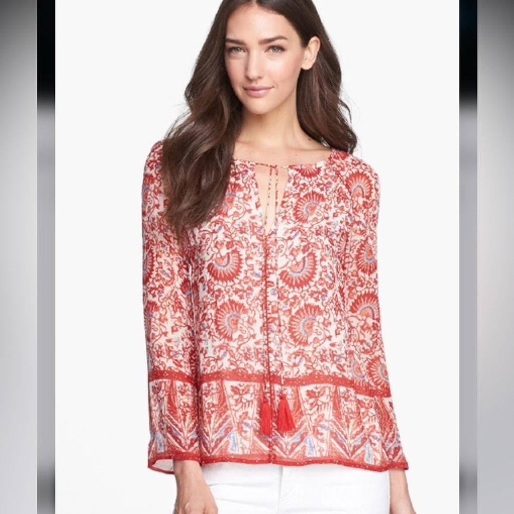 Tory Burch Red and White Printed Peasant Blouse